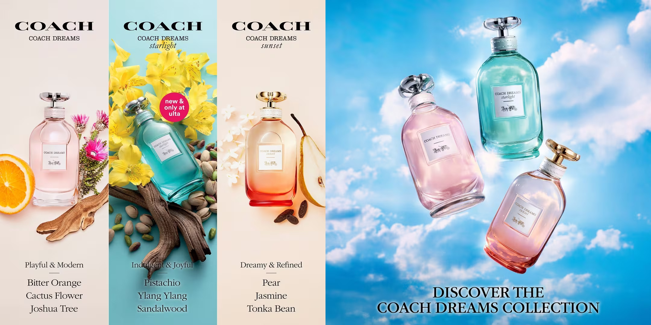 Coach Dreams fragrance collection perfume bottles and ad